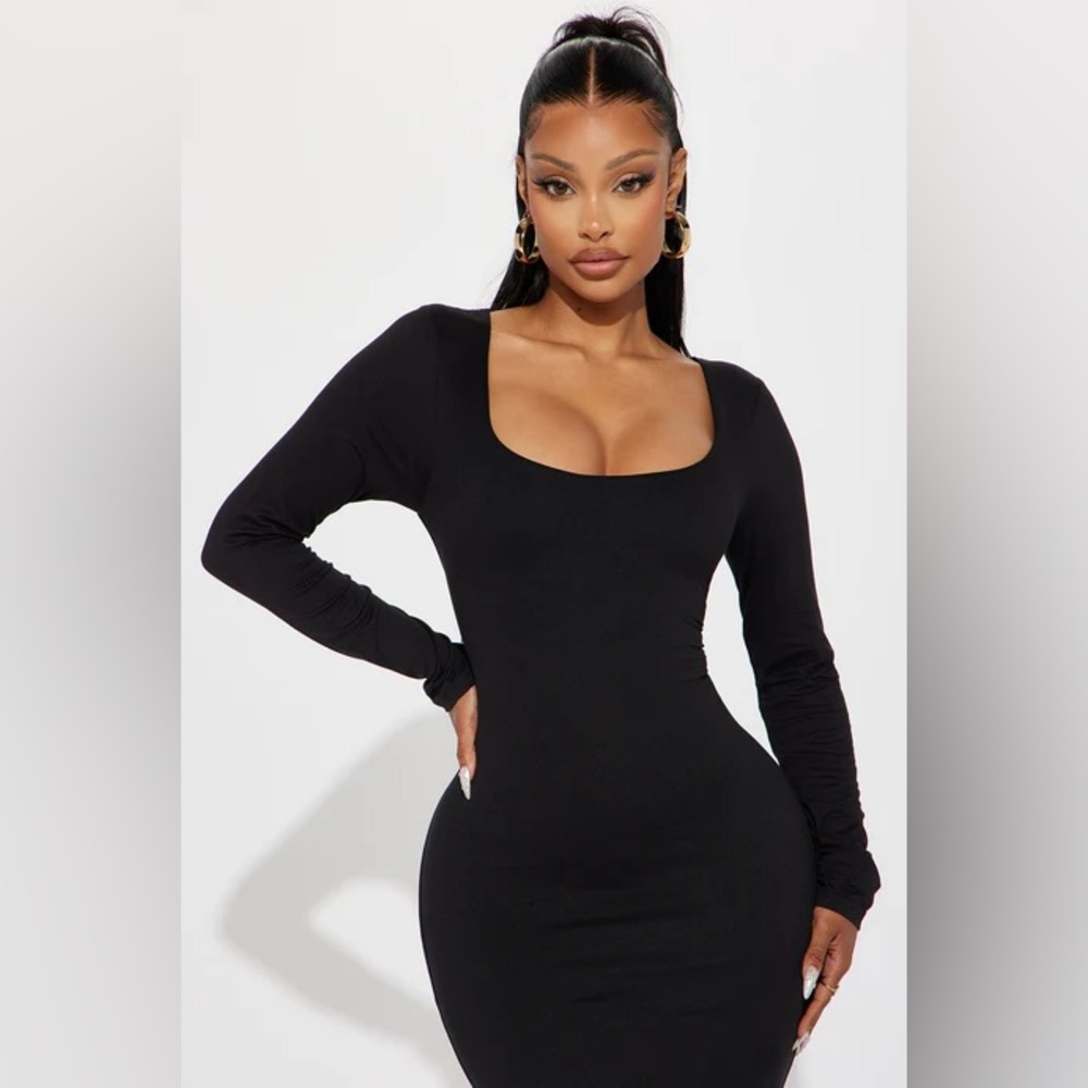 Fashion Nova Hadley Black Double Lined Long Sleeve Midi Dress Size Large - Picture 2 of 9